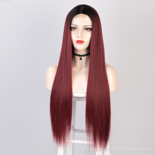 Vigorous High Temperature Ombre Red Lace Middle Part Wigs Long Silky Straight Wigs For White Women Wholesale